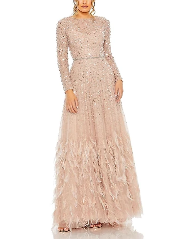 Mac Duggal Feather Detail Embellished Sequin Gown