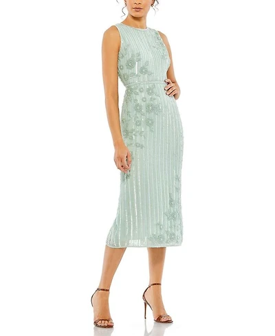 Striped Floral Embellished Sleeveless Midi Dress