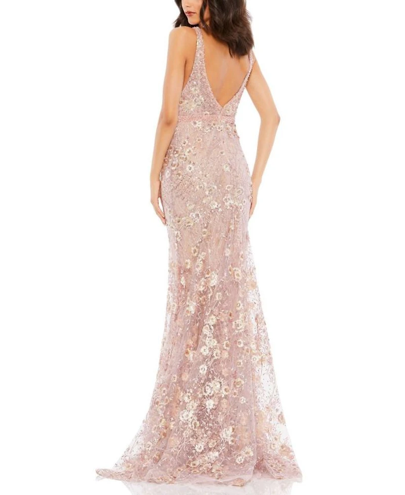 Floral Embellished Sleeveless Plunge Neck Gown