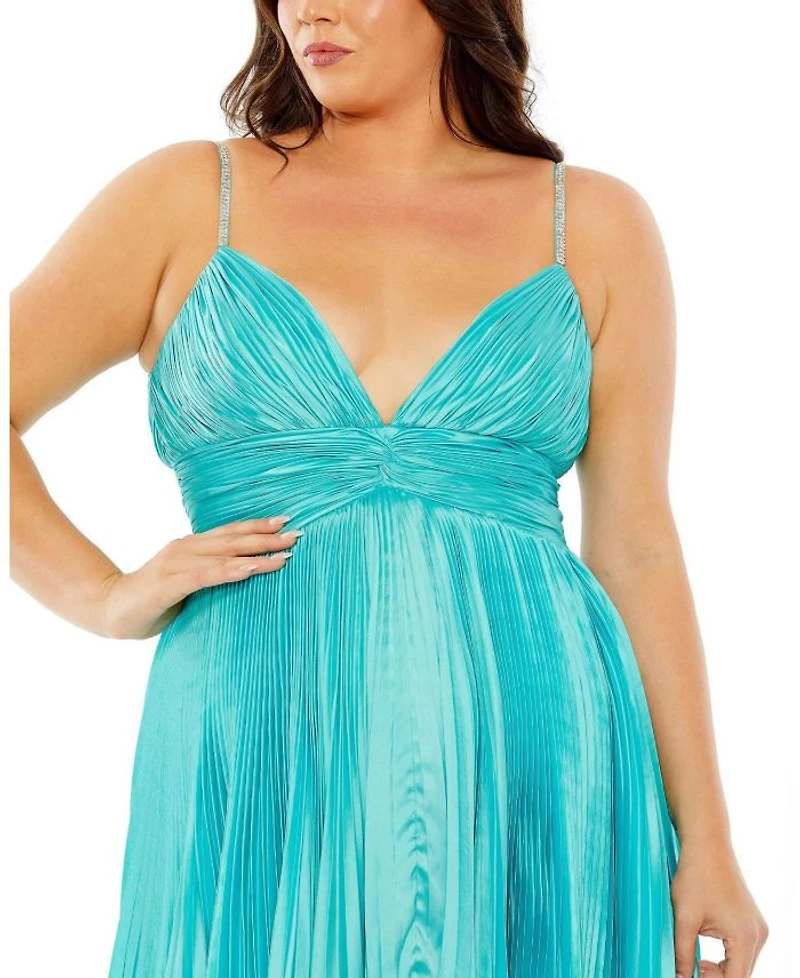 Plus Rhinestone High Low Pleated  Gown