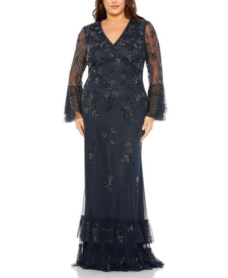 Plus V Neck Embellished Flutter Tiered Long Sleeve Gown
