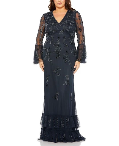 Plus V Neck Embellished Flutter Tiered Long Sleeve  Gown