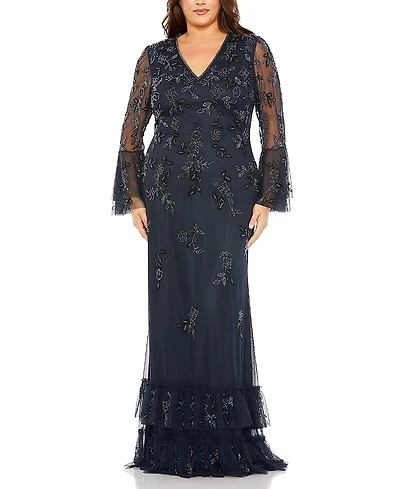 Mac Duggal Plus V Neck Embellished Flutter Tiered Long Sleeve Gown