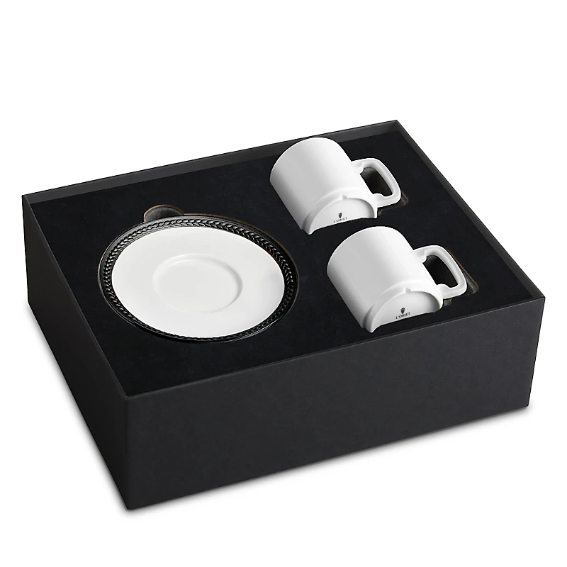 L'Objet Soie Tressee Black-Tone Trim Espresso Cup & Saucer, Set of 2
