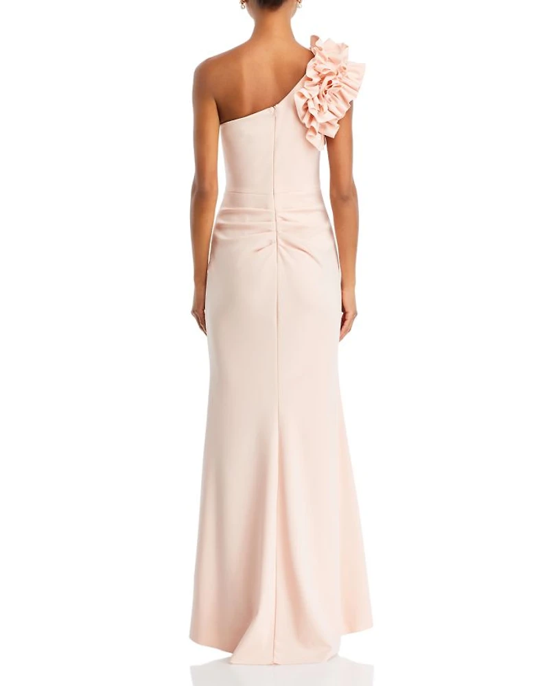 One Shoulder Ruffle Crepe Gown - Exclusive
