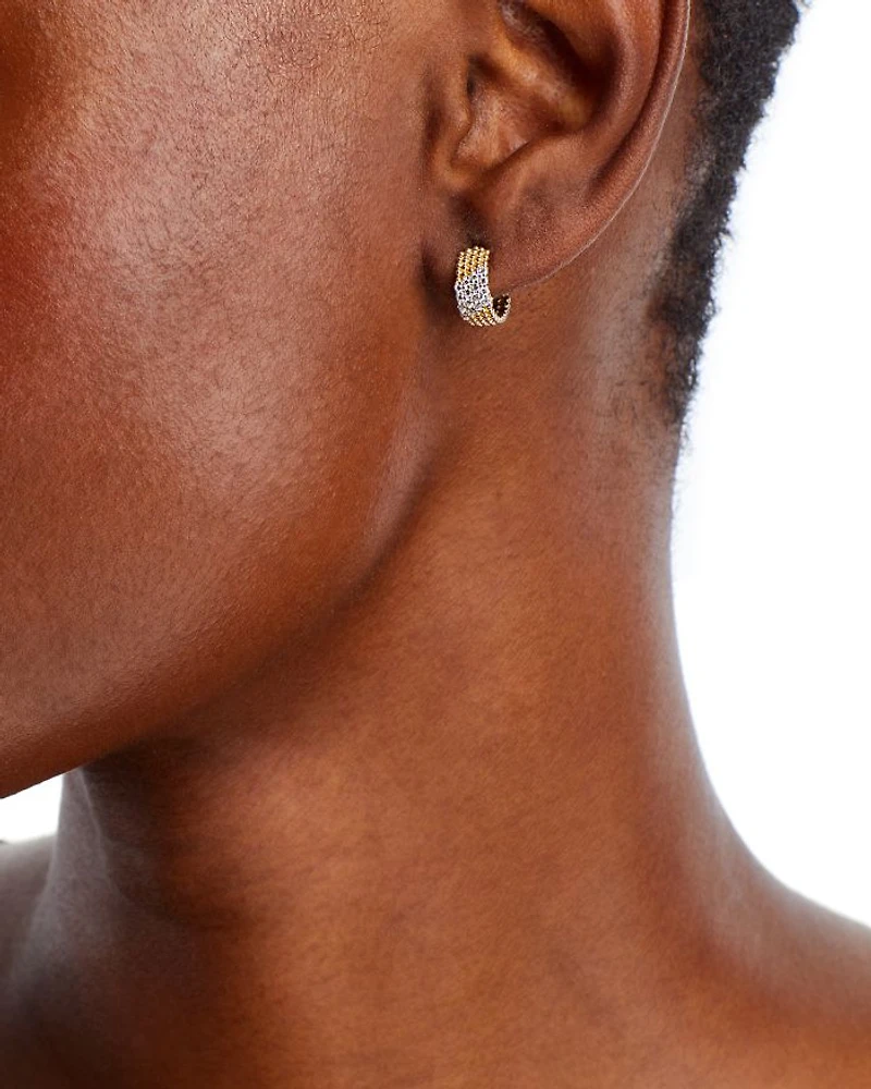 Diamond & Beaded Small Half Hoop Earrings in 14K Yellow Gold, 0.20 tcw