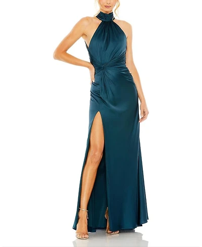 Open Back High Neck Side Ruched Gown