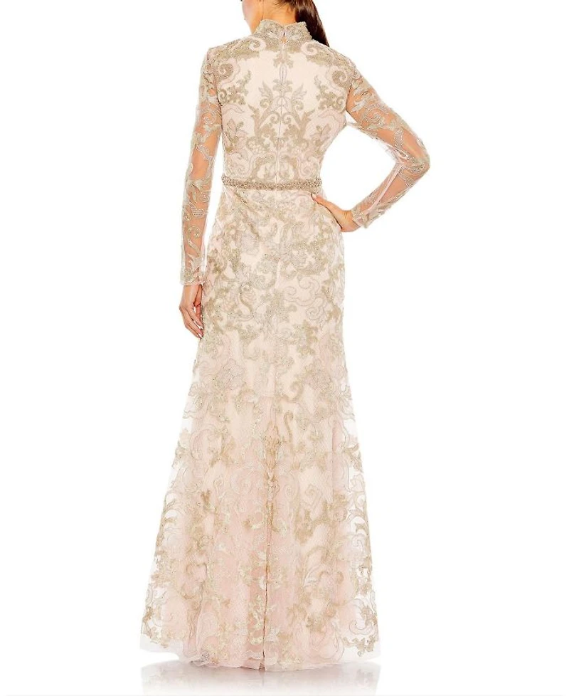 Long Sleeve Applique V-Neck Gown