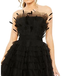 Feathered Strapless Tulle Fit and Flare Dress