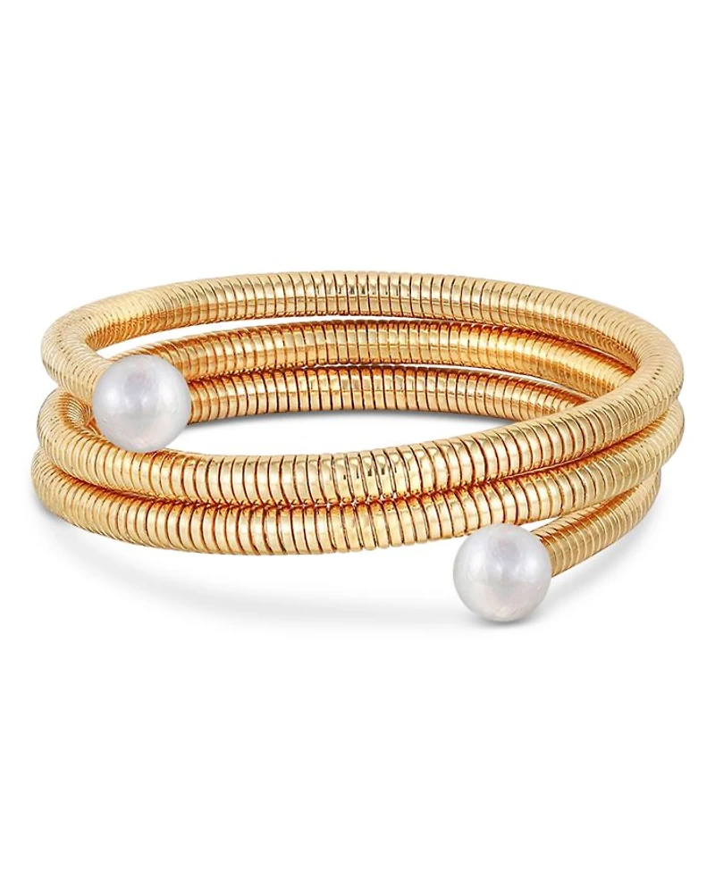 Imitation Pearl Spring Band Flex Coil Bracelet in 18K Gold Plated