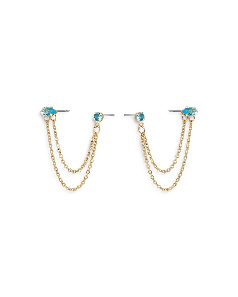 Blue Crystal & Looped Chains Double Piercing Drop Earrings in 18K Gold Plated