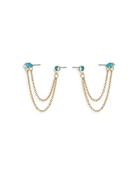 Blue Crystal & Looped Chains Double Piercing Drop Earrings in 18K Gold Plated