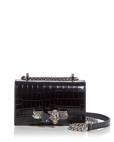 McQueen Mini Jewelled Croc Embossed Leather Shoulder Bag