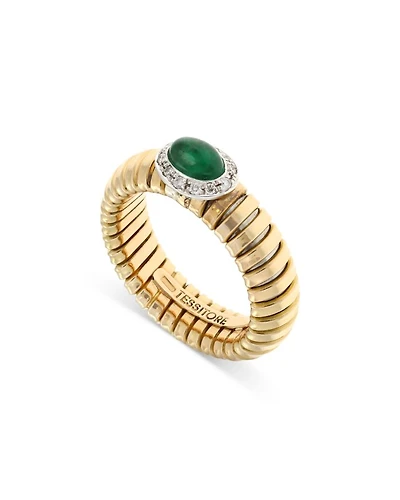 18K Yellow Gold Via Giardino Tubogas Domed Emerald Cabochon & Diamond Ring