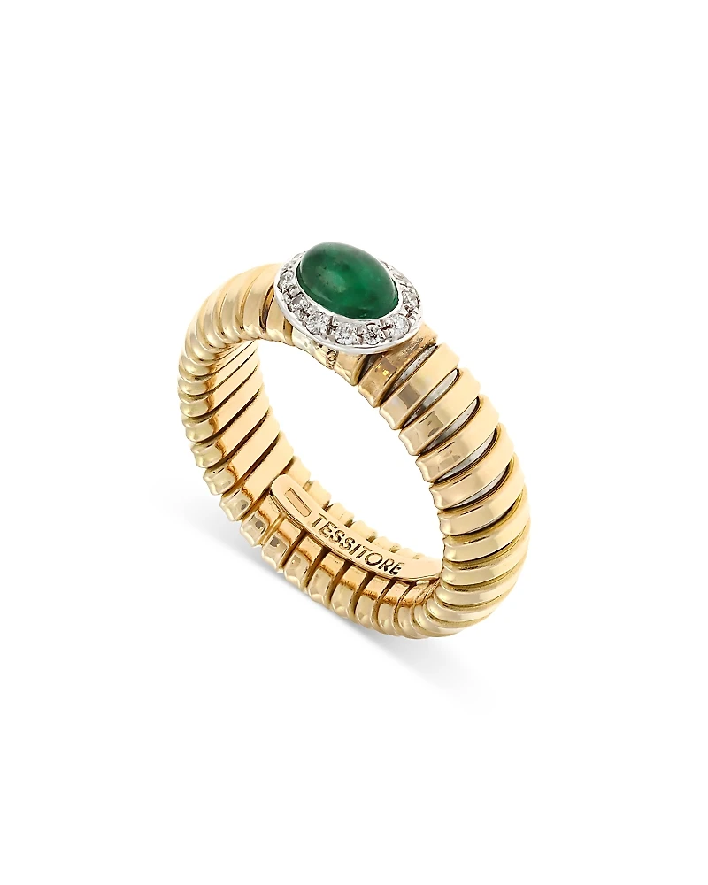 Alberto Milani 18K Yellow Gold Via Giardino Tubogas Domed Emerald Cabochon & Diamond Ring