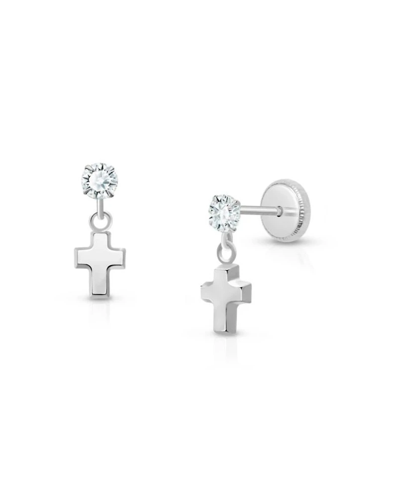 Children's 14K Gold Dangling Simple Cross Drop Girls' Screw Back Earrings
