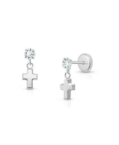Children's 14K Gold Dangling Simple Cross Drop Girls' Screw Back Earrings
