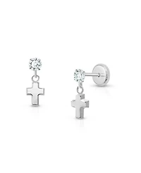 Children's 14K Gold Dangling Simple Cross Drop Girls' Screw Back Earrings