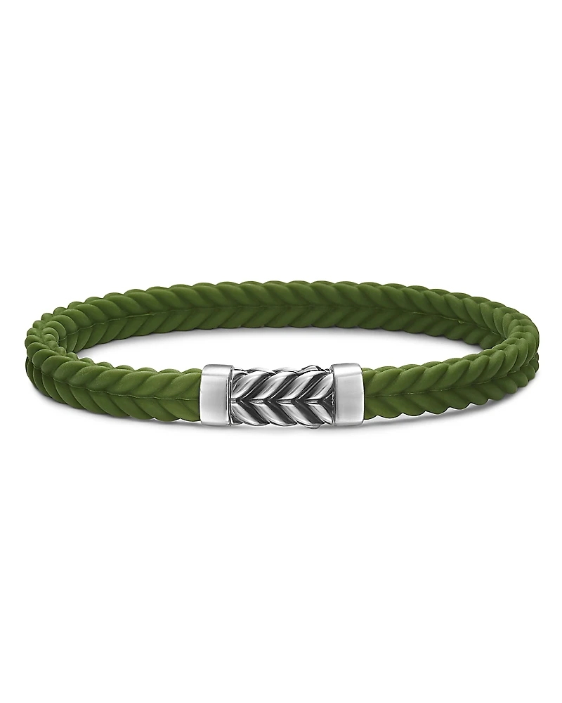 David Yurman Men's Sterling Silver Chevron Woven Green Rubber Bracelet