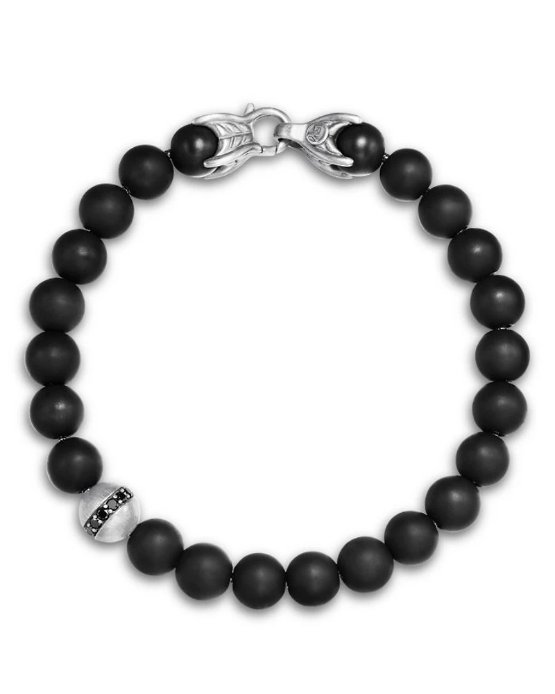 Men's Spiritual Beads Bracelet Sterling Silver with Black Onyx & Pavé Diamond Accent, 8mm