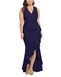 Betsy & Adam Sleeveless V Neck Ruffled Gown