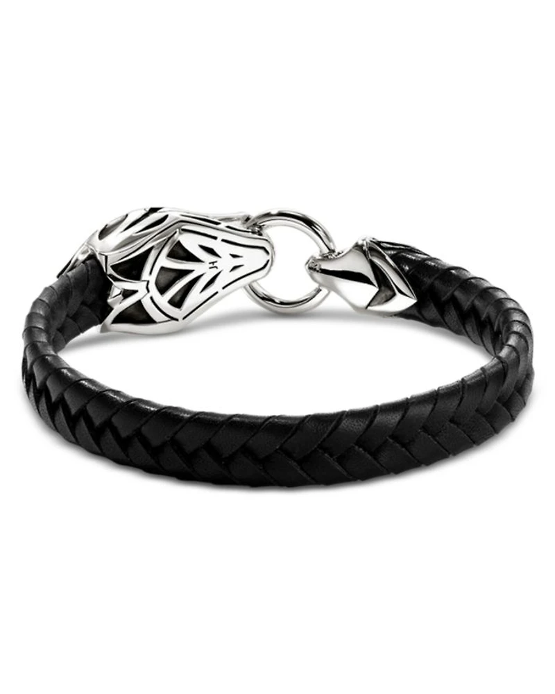 Sterling Silver Naga Blue Sapphire Snake Braided Black Leather Bracelet
