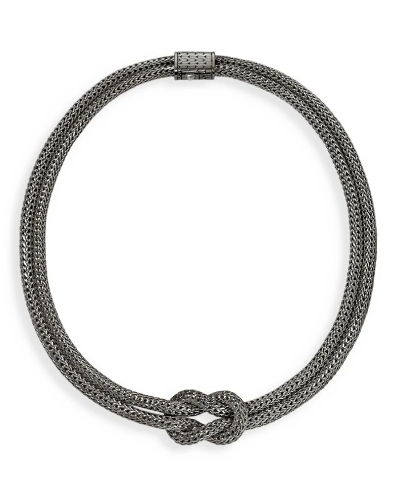 Black Rhodium-Plated Sterling Silver Love Knot Double Woven Chain Statement Necklace, 16"
