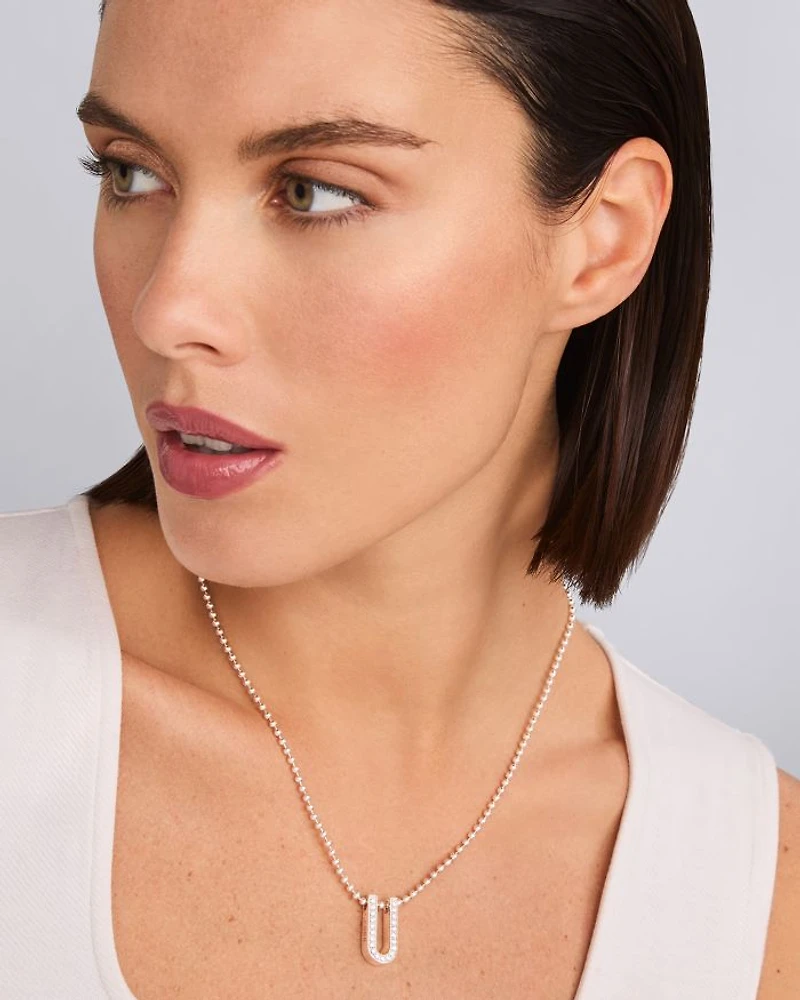 Sterling Silver Caviar Spark Diamond U Pendant Necklace