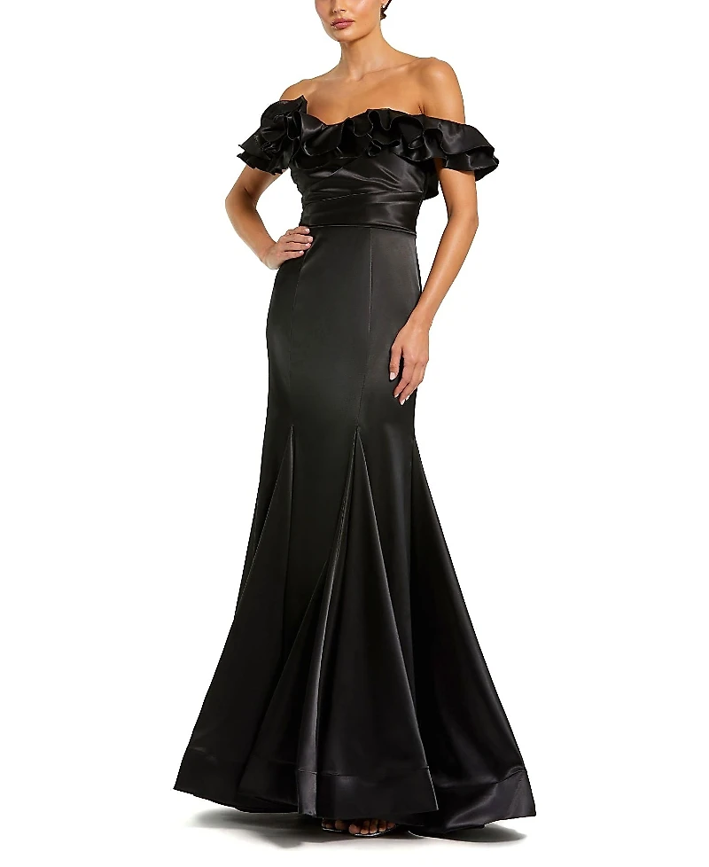 Mac Duggal Satin Ruffle Detail Off The Shoulder Mermaid Gown
