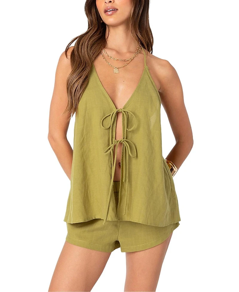 Edikted Arden Linen Look Tie Front Top