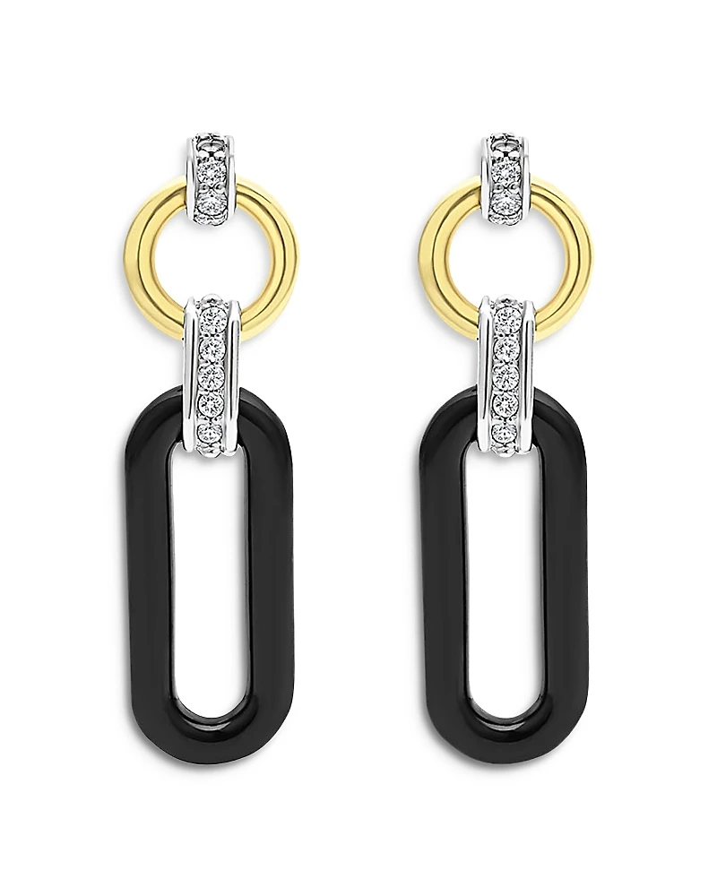 Lagos 18K Gold Signature Caviar Diamond & Black Ceramic Link Drop Earrings