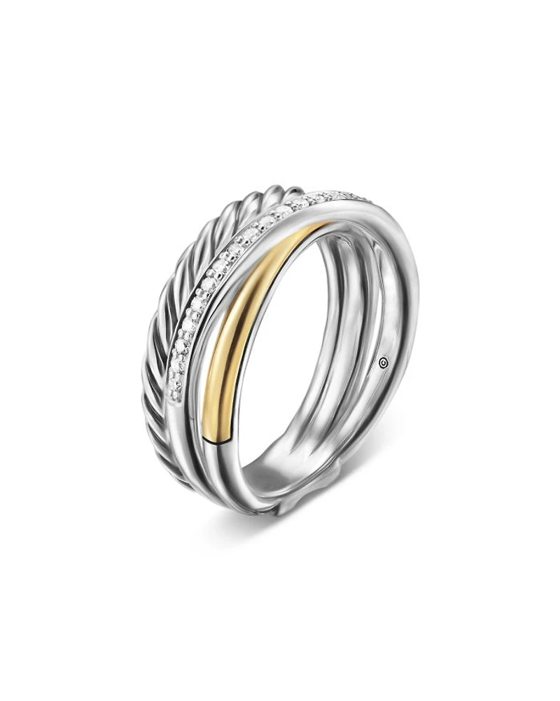 Crossover Three Row Ring Sterling Silver with 18K Yellow Gold and Diamonds, 7mm