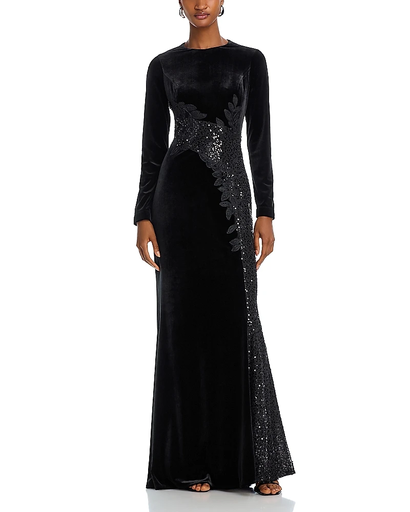 Teri Jon by Rickie Freeman Sequined Inset Velvet Gown