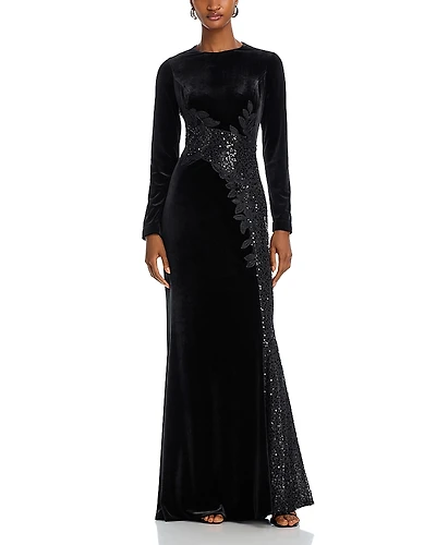 Teri Jon by Rickie Freeman Sequined Inset Velvet Gown