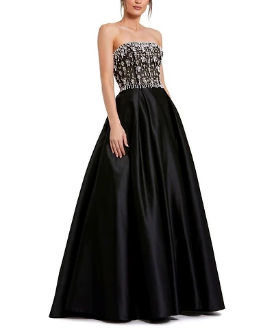 Strapless Beaded Embellished Top Satin Ballgown