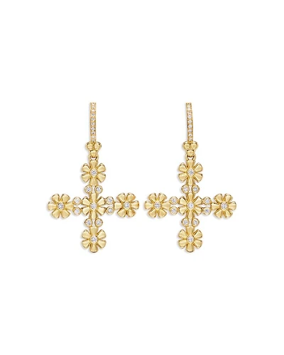 18K Yellow Gold FJ Diamond Fiori Cross Hoop Earrings