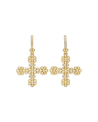 18K Yellow Gold FJ Diamond Fiori Cross Hoop Earrings