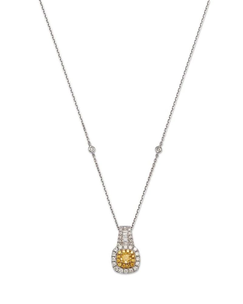 White & Yellow Diamond Halo Pendant Necklace in 14K Yellow & White Gold, 0.86 tcw