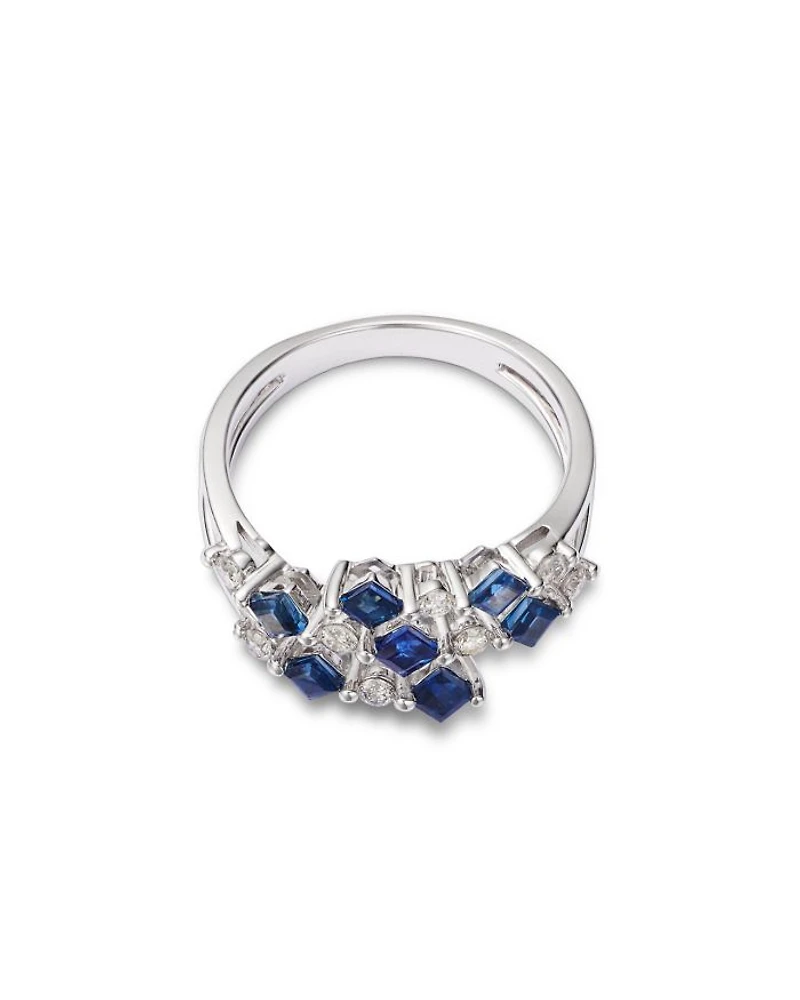 Blue Sapphire & Diamond Square & Round Openwork Ring in 14K White Gold