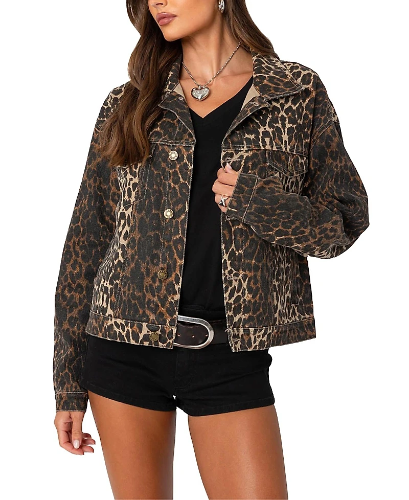 Edikted Leopard Print Denim Jacket
