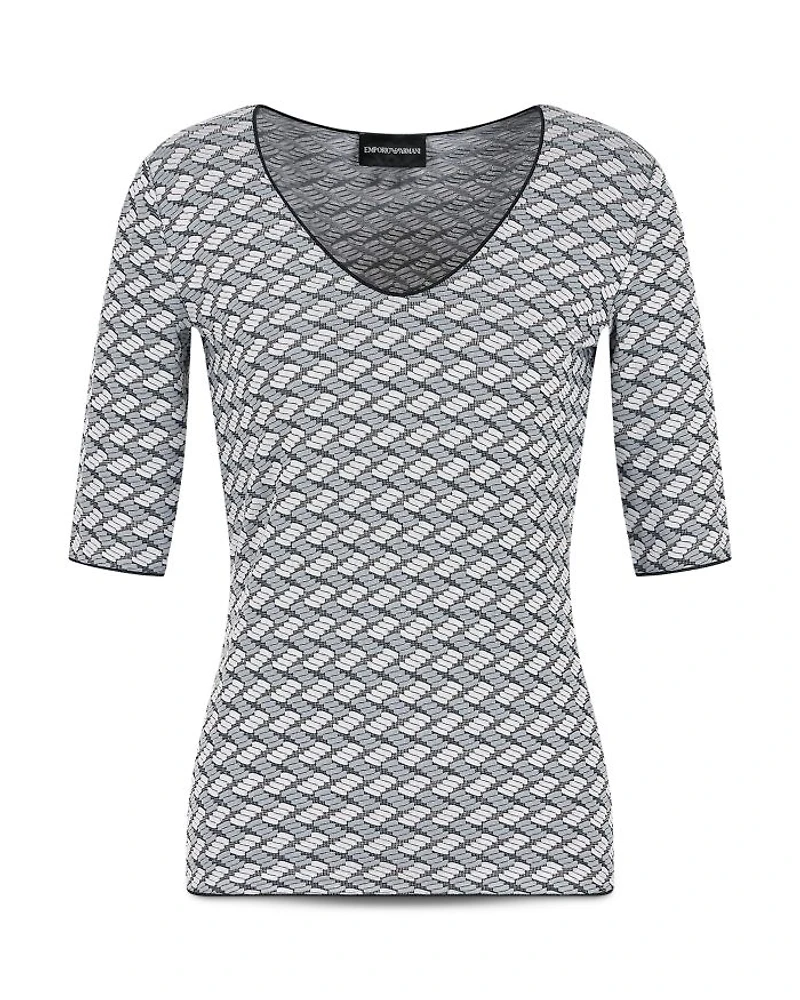 Stretch Jersey Top with Geometric Jacquard Motif