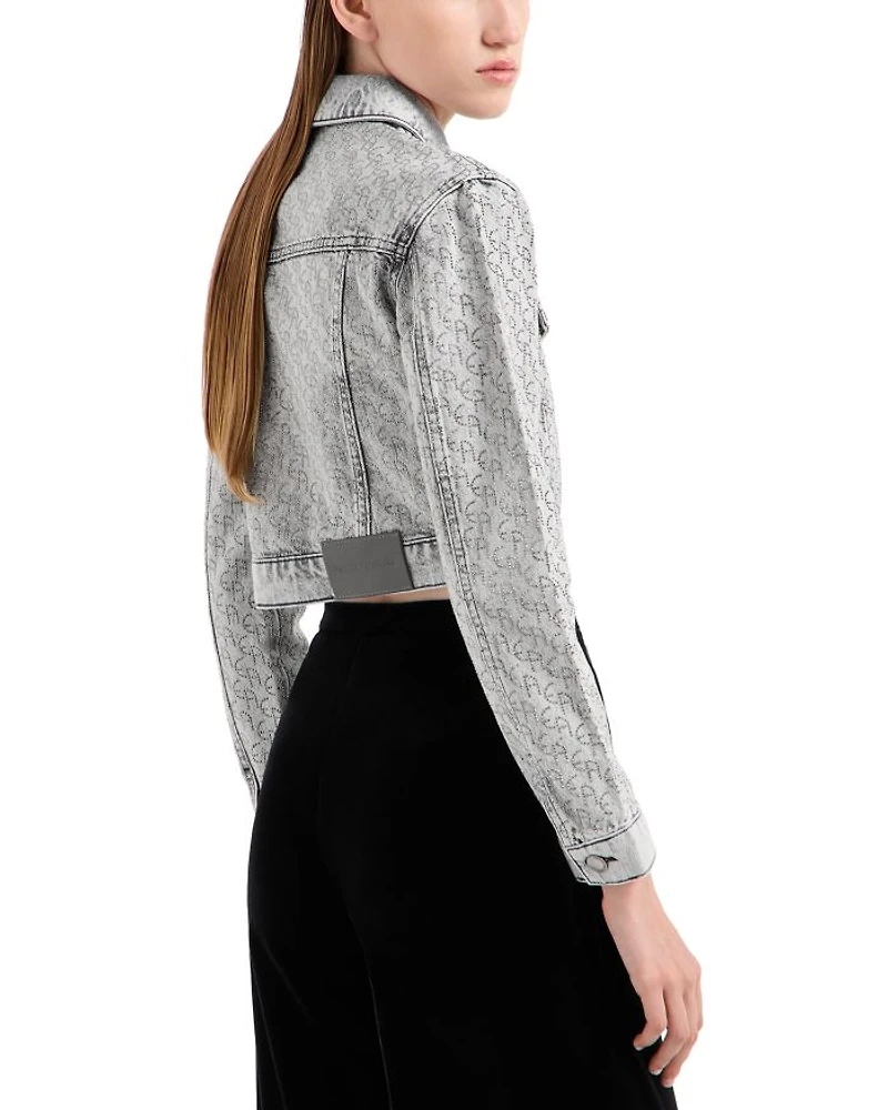 Rhinestone Logo Cropped Denim Jacket