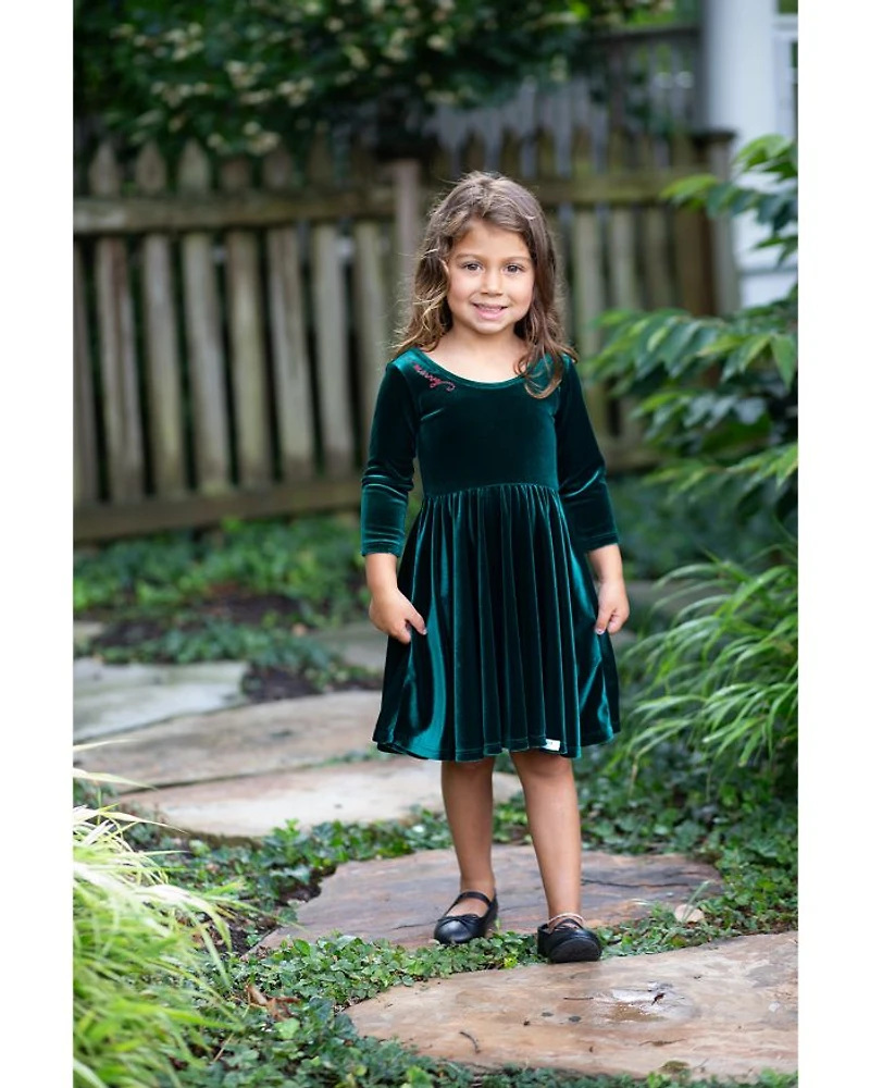 Girls' Holiday Twirly Dress Emerald Stretch Velvet - Little Kid, Big Kid
