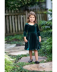 Girls' Holiday Twirly Dress Emerald Stretch Velvet - Little Kid, Big Kid