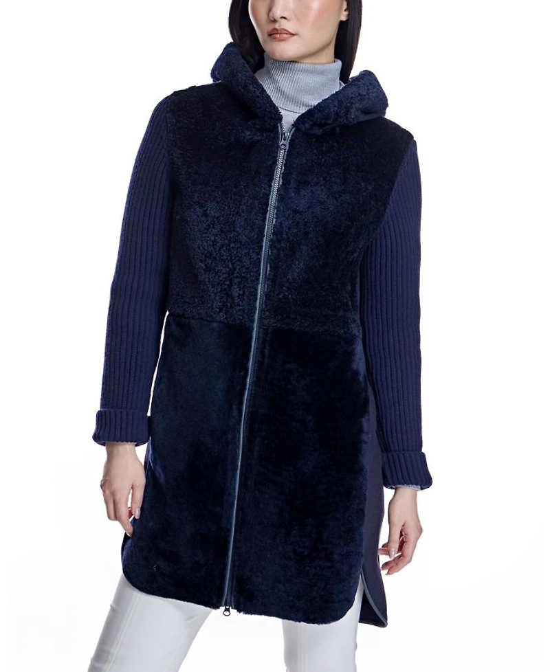 Hooded Shearling Coat with Knit Trim