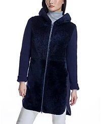 Hooded Shearling Coat with Knit Trim