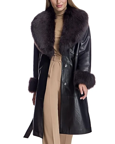 Leather Coat with Shearling Trim