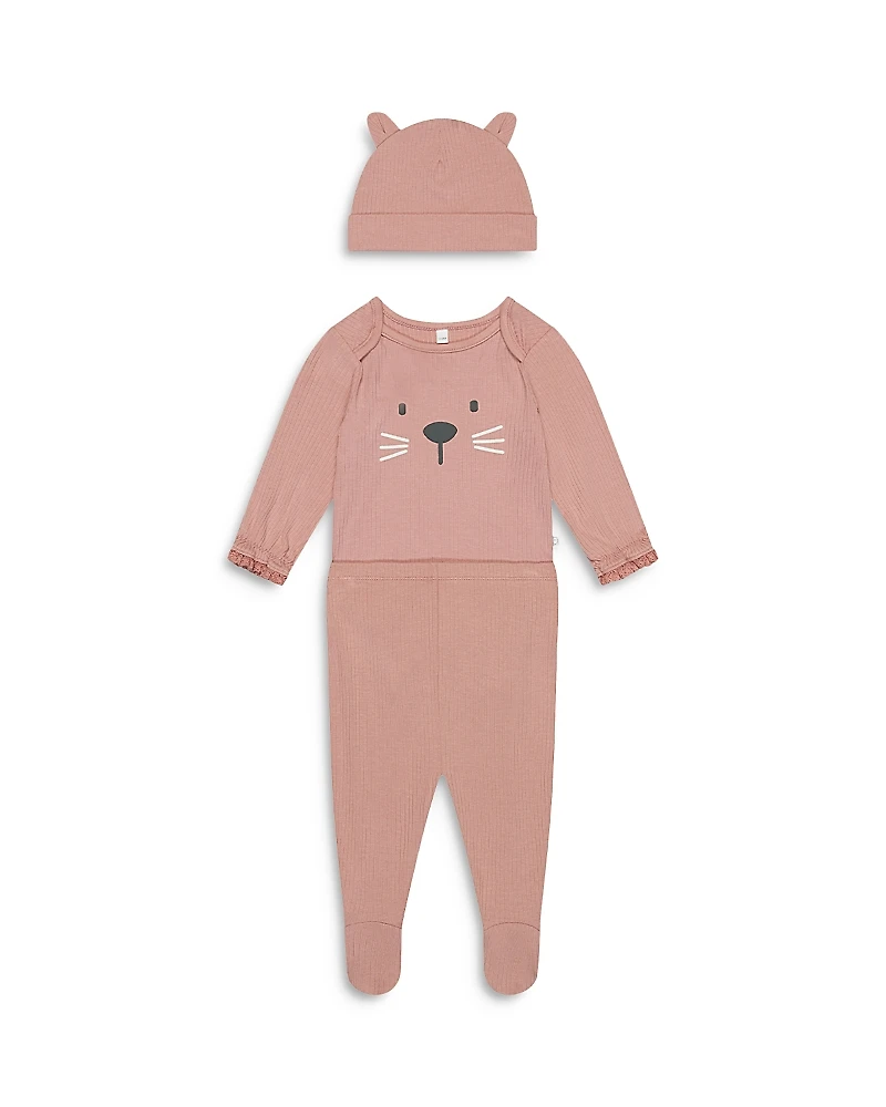 Mori Girls' Little Kitty Bodysuit, Footed Leggings & Hat Set - Baby