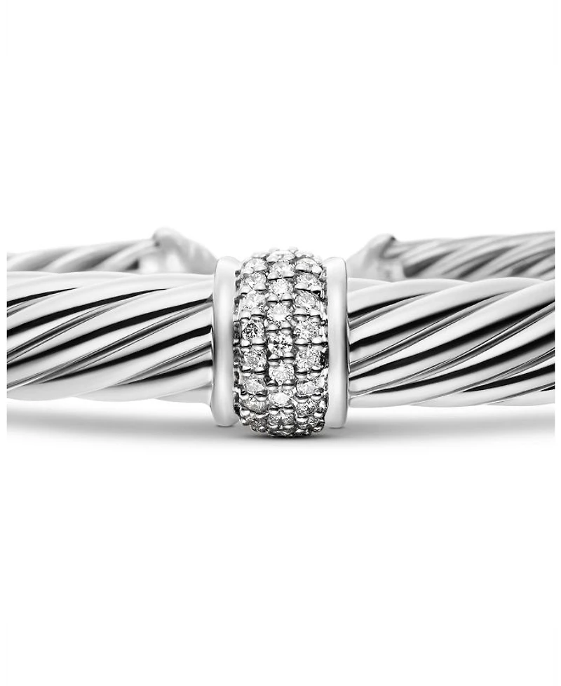 Classic Cable Station Bracelet Sterling Silver with Pavé Diamonds, 7mm