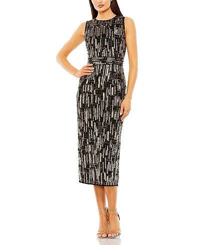 Mac Duggal Abstract Beaded Sleeveless Midi Dress